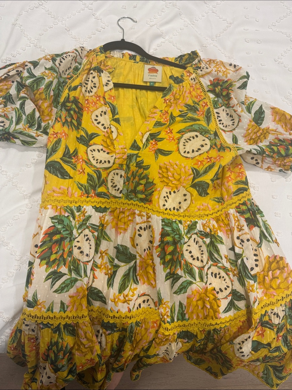 FARM Rio Yellow Tropical Pineapple Print Tiered Dress